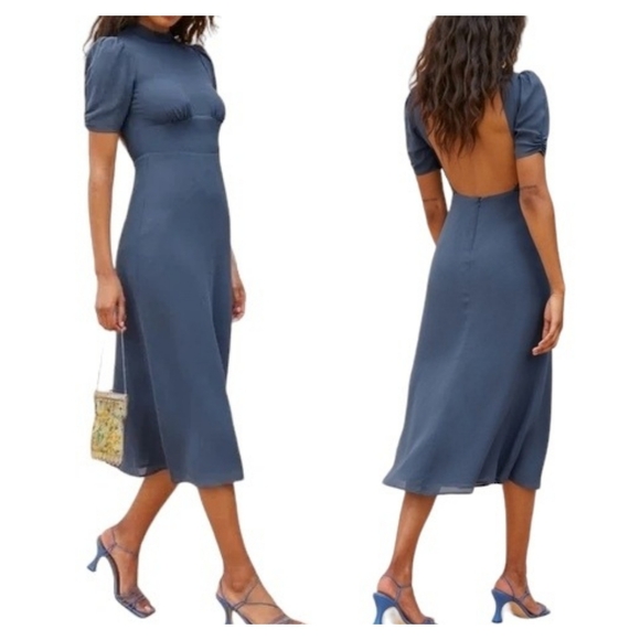Reformation Dusk Dress Morning Glory Blue Backless Puff Sleeve Midi Wedding - Picture 1 of 16